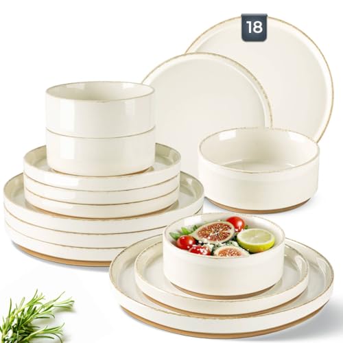 AmorArc Ceramic Dinnerware Sets for 6, 18 Pieces Handpainted Plates and Bowls Set with Rustic Terracotta Underside, Scratch Resistant Stoneware Dishes Set, Dishwasher & Microwave Safe