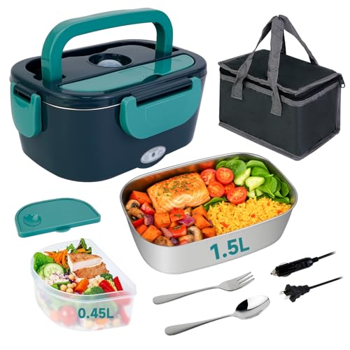 VYRALOFT 80W Electric Lunch Box for Car & Truck,12V/24V/110V Green Portable Warmer with 304 Stainless Steel Container,Ideal for Drivers & Office