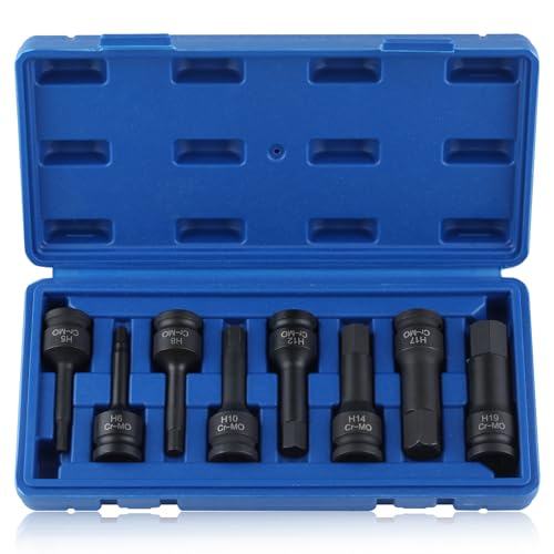 LEONTOOL 8PCS Impact Allen Socket Set, 1/2" Drive Impact Hex Driver Set, Metric H5-H19 Hex Bit Socket Set, Lengthen Allen Key Socket Set, Cr-Mo Steel 1-Piece Construction Impact Adapter, Case Included