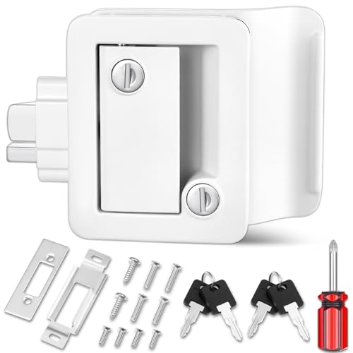 RV Entry Door Lock, 100% Metal Camper Lock, Travel Trailer Door Latch, RV Lock Replacement Kit with Paddle Deadbolt 4 Keys, for Camper Horse Trailer Cargo Hauler Truck, White