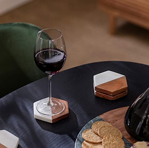 Wood and Marble Coasters Set of 4 | Luxury Handmade Hexagonal White Marble and Brown Acacia Wood Coasters for Bedroom, Living Room and Home Decor