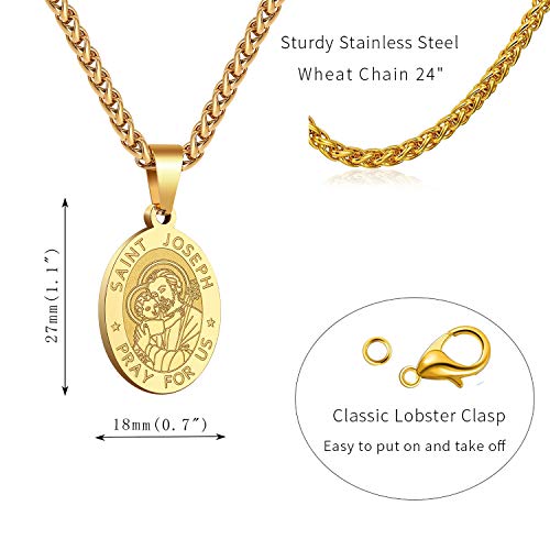 P. BLAKE Oval Saint Christopher/Michael/Joseph/Jude/Virgin Mary/Joseph/Francis/Patrick/Anthony/Benedict/Thomas Necklace for Men Women, Stainless Steel Catholic Patron Pendant with Chain 24 Inches