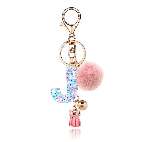 OKAICEN Pink-Purple Resin Alphabet Initial Letter Keychain Key Ring for Women Grils Purse Handbags with Faux Rabbit Fur Ball Pom('J')