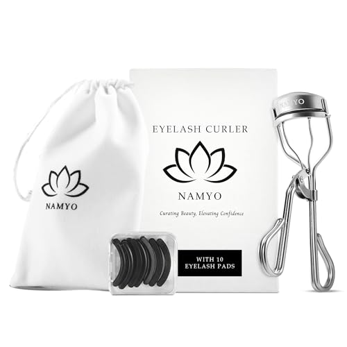 NAMYO Eyelash Curler – Precision Lash Curler for Almond, Hooded and Deep-Set Eyes with Ergonomic Handle and 10 Silicone Refill Pads – Compact Travel Size - Pearl Silver