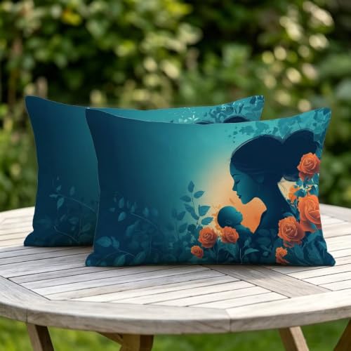Housse coussin bleu rectangulaire lin imperméable et déperlant double face