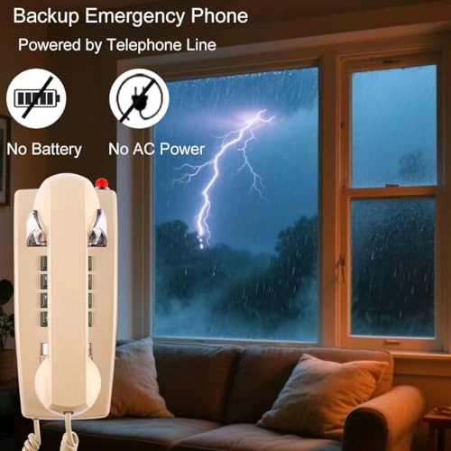 Klassisches Wandtelefon für Festnetz mit mechanischem Klingel, einreihiges 2554 Wandtelefon mit Anzeige, Retro-Wandmontage, wasserdicht, alte Wandhalterung für Küche, Zuhause, Beige