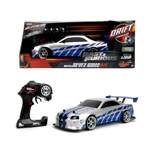 Jada Toys Fast & Furious Brian's Nissan Skyline GT-R (BN34) Drift Power Slide RC Radio Remote Control Toy Race Car with Extra Tires, 1:10 Scale, Silver/Blue (99701)