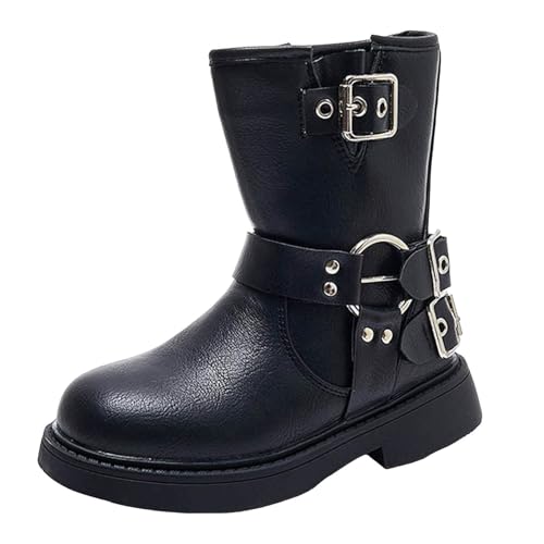 IWIHMIV Kids Girls PU Leather Short Boots Outdoor Lightweight Comfortable Side Zipper Round Toe Mid Calf Booties