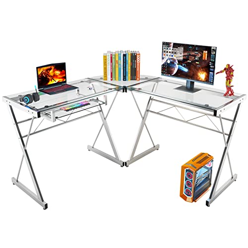 SogesHome Scrivania ad Angolo in vetro, Scrittorio per Studio, Scrivania per Computer con ripiano, Tavolo a Forma di L, Salvaspazio,per Casa e Ufficio,