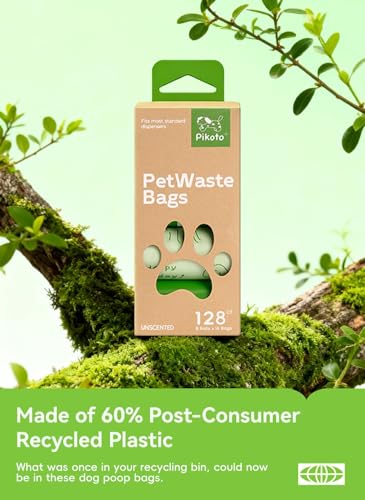 Image of Dog Poop Bags, 128 Count, Unscented, Green | Fragrance-Free Formula, Extra Thick, 60% Recycled Plastic, 16 Bags Per Roll, Dual Green Designs, Easy-Peel Sticker