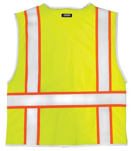 Kishigo Premium Brilliant Series Heavy Duty Unisex Reflective Safety Vest 1510, ANSI Type R / Class 2 Compliant, 6 Pockets Including Radio & Pencil Pocket, Silver Reflective Lining & Trim (Lime, 2X)