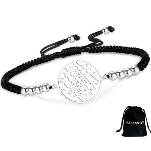 VASSAGO Sri Yantra Pulsera de chakra para mujeres y hombres hecha a mano ajustablecuerda trenzada Yantra geometría sagrada símbolo del hinduismo amuleto yoga meditación (Cuerda S-B)