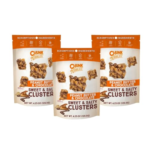 Chunk Nibbles Peanut Butter Chocolate Snack Clusters - Gourmet Sweet & Salty Treat with Pretzels, Peanuts & Corn Squares - Handcrafted, No Artificial Colors - 4.25oz Resealable Pouch (3 Pack)