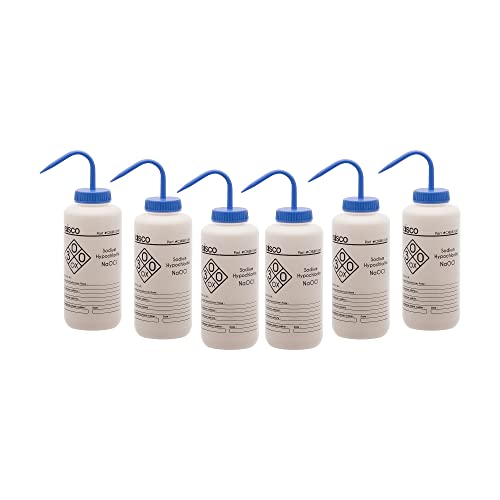 Eisco 6Pk Wash Bottle For Sodium Hypochlorite (Bleach), 1000Ml - Labeled With Chemical Information & Safety Information (1 Color) - Wide Mouth, Self Venting, Low Density Polyethylene Labs #TOP15