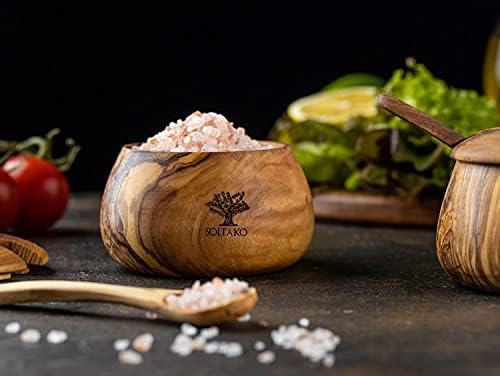 SOLTAKO Olive Wooden Spice Jar with Spoon, Tea Coffee Sugar canisters, Handmade Spices Jars, Sugar Pot, Kitchen Storage Boxes, Seasoning Pot, Healthy Kitchen Storage Containers Ø 10 cm