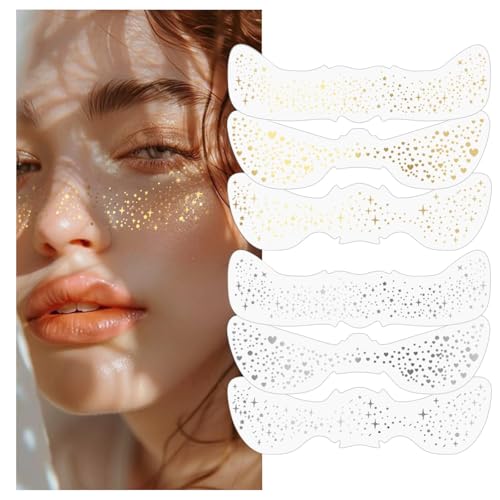 6 Stück Glitzer Sommersprossen Gesichtstattoos, Gold & Silber Wasserdichte Glitzer-Patches für Frauen, Niedliche Sternen-Metallic-Temporäre Tattoo（Dreimal Gold und dreimal Silber）