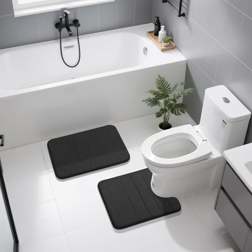 Image of Yimobra Memory Foam Bath Mat Set, 2 Pieces Soft Bathroom Rugs,43x61 cm and 61x51 cm U-Shaped for Bathroom Rugs, Toilet Mats, Water Absorption, Non Slip, Thick, Dry Fast for Bathroom Floor Mats, Black