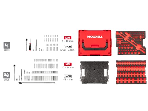 TEKTON 1/4, 3/8 Inch Drive Shallow and Deep 6-Point Socket Set with Lid Insert in Stacking Tool Box, 105-Piece (5/32-1 in., 4-24 mm) | OLB91301 by TEKTON - Image 7