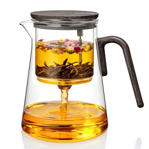 ZENS Magic Teekanne Glas mit Sieb, Teezubereiter für Losen Tee mit Magnet Sauger-Deckel, 1000ml Tea Maker for Tee Zubereitung, Teapot Griff aus Schwarznussholz, Teeliebhaber Geschenke