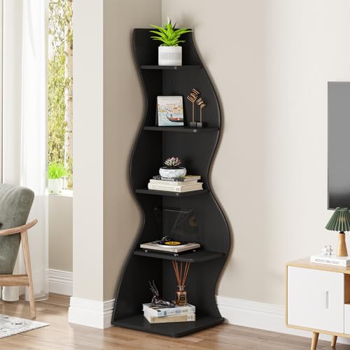 Image of Tribesigns Corner Shelf, Modern 5-Tier Wall Corner Bookshelf, Stylish Corner Small Bookcase Storage Rack Plant Stand with Unique Shape for Living Room, Home Office, (1PC, Black)
