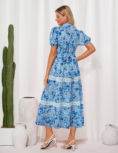 GRACE KARIN Women's 2026 Summer Floral Flowy Dresses Boho Tie Belt Short Puff Sleeve A Line Maxi Shirt Dress with Pocket Blue Floral X-Large — view 3