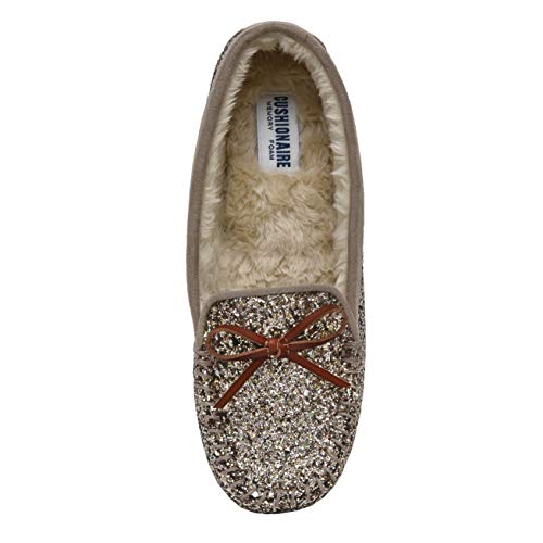 Cushionaire Women's Sabina Moccasin Slipper +Memory Foam, Gold Glitter 6.5 #TOP4