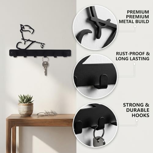 Image of Key Holder for Home, Metal Wall Mounted, 6 Hooks (Krishna Bansuri) | Cat Design, Includes Mounting Screws, For Home Use, 6 Hook Hanger, Metal Construction