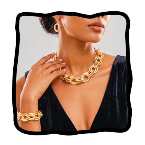 JEAIRTS Chunky Gold Chain Jewelry Set,Choker Bracelet Oval Hoop Earrings | 3Pcs punk gold link jewelry,thick chain choker set,statement formal prom jewelry set for women