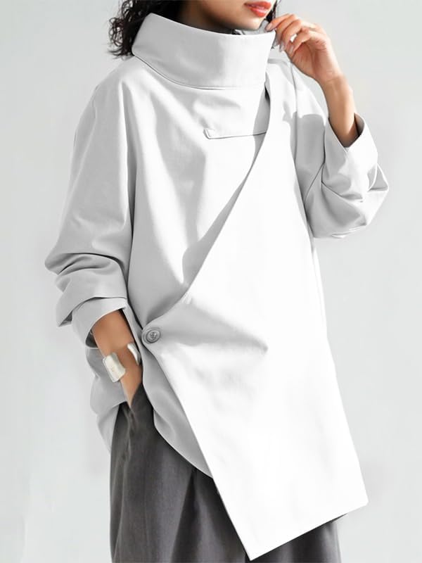 Women's Mock Turtleneck Oversized Tops Long Sleeve High Neck Loose Asymmetrical Slit Blouses Shirts Minimalist - Image 2