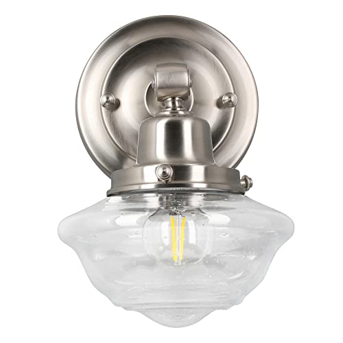 Image of Design House Vintage-Inspired Schoolhouse Wall Sconce, 6.625 in x 7.625 in x 9.5 in, Satin Nickel, Clear Seeded Glass Shade, 589127-SN