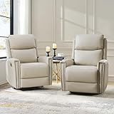 HULALA HOME Genuine Leather Swivel Rocker Recliners Set of 2, Manual Glider Recliner Chairs with Adjustable Backrest & Footrest, Beige
