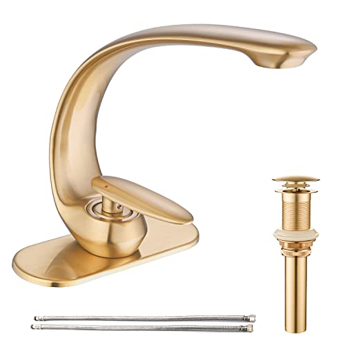 Avsiile Brushed Gold Bathroom Sink Faucet, C-Shaped Curved Spout Bathroom Faucets For Sink 1 Hole, Brass Bath Sinks Faucet, Single Handle Vanity Faucet, Modern Restroom Faucet With Pop Up Drain #TOP9
