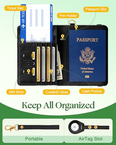 Slohif Airtag Passport Holder Cover Wallet Case for Travel Women - Leather RFID Blocking Passport Book Multiple Personalized Organizer Slim Portable Carrier Card Slots Protector Sleeve Cat3