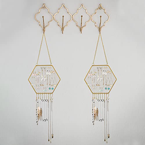 2 Pieces Earring Wall Holder Wall Mounted Earring Organizer Hanging Hexagon Earring Stand Decorative Diamond Grid Shape Jewelry Display Rack With Hanging Hooks For Earrings Necklaces Bracelets (Gold) #TOP3