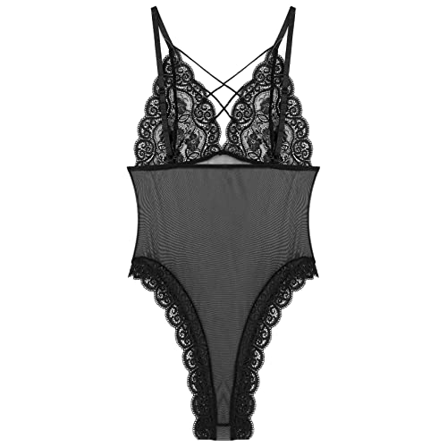 Daenrui Mens Lace Sissy Lingerie One-Piece See Through Bodysuit Jumpsuit High Cut Thongs Leotard Pajamas Black Xx-Large #TOP2
