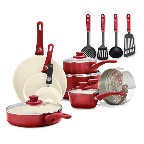 GreenLife Soft Grip Batterie de Cuisine avec Revêtement Antiadhésif Sain en Céramique Sans PFAS 16 Pièces, Avec des Poêles, Casseroles, Faits-touts,...