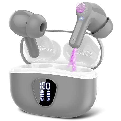 BESNOOW Wireless Earbuds, Bluetooth 5.3 Headphones with 4 ENC Noise Cancelling Mic, Bluetooth Earbuds 40H Playtime, Wireless Headphones in ear Earphones Bass Stereo, LED Display, IP7 Waterproof, Grey