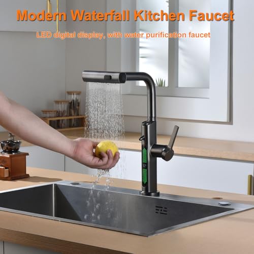 BEITH Wasserfall Wasserhahn Küche, Küchenarmatur Ausziehbar, Reiner Wasserhahn, 3 Modi Armatur Küche, LED-Digitalanzeige, Spültischarmatur Küche Mischbatterie, Dauerhaft