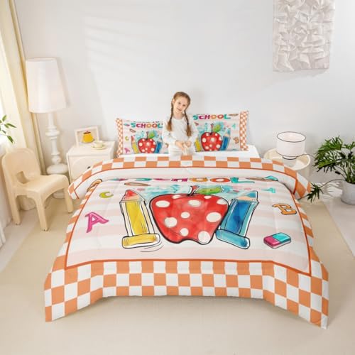 Castle Fairy Back to School Theme Kids Comforter Set,Pencils Eraser Student Bedding Set All Season,First Day of School Orange Comforter 2 Pcs with 1 Pillowcase,Toddler Size