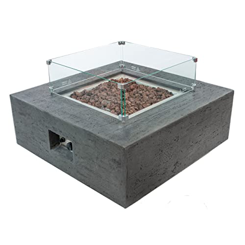 Ams Creations Albany Square Gas Outdoor Fire Pit Table | Concrete Gfrc - Pewter Color | Electronic Ignition | Ss Burner, Canvas Cover, Ss Lid, Lava Rock And Wind Guard Included (Natural Gas) #TOP2