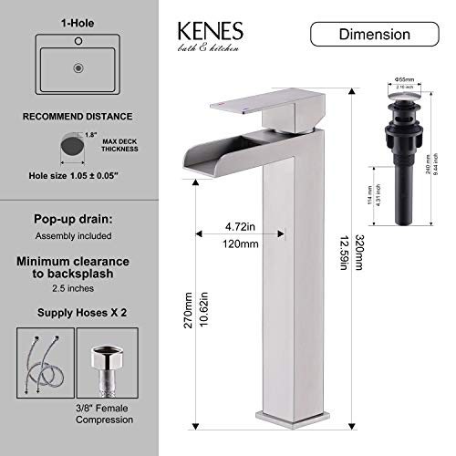 Kenes Tall Bathroom Vessel Sink Faucet, Brushed Nickel Tall Waterfall Bathroom Faucet, Single Handle Waterfall Bathroom Faucet Lavatory Vanity Faucet With Pop Up Drain & Water Supply Hoses Lj-9035A #TOP5