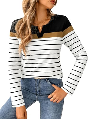 SOFIA'S CHOICE Women Striped Long Sleeve T Shirt V Neck Basic Cotton Cute Shirts2