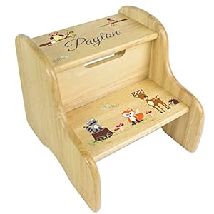 Personalized Childs Woodland Natural Wood Two Step Stool for Baby Gift Toddlers Nursery Deer Fox owl