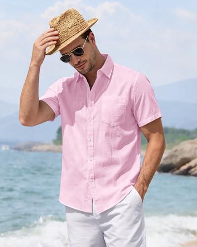 Image of J.VER Mens Linen Shirt Short Sleeve Button Down Casual Summer Shirts | Cotton Linen, Untucked, Big Tall, from Beach Camp Vacation, Cruise Fishing, Work Office, to Wedding Party Family, with Pocket