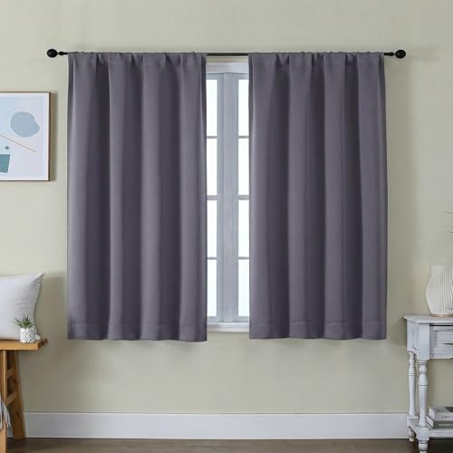 Image of Simplebrand Ava Greyish Purple Short Blackout Curtains for Bedroom 45 Inches Long 2 Panels Set, Solid Thermal Insulated, Energy Saving Window Treatment Curtains Blackout Drapes, W40 x L45 Inch