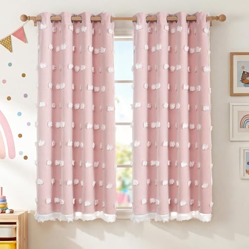 RYB HOME Pink Nursery Curtains 63 Inch Length, Double Layer Pom Pom Sheer Tulle Overlay Room Darkening Drapes, Cute Princess Style Decor for Baby Girls Toddler Room with 2 Bow Tie-Backs, 2 Panels