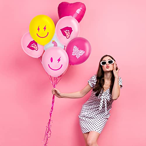 Whaline 60Pcs Preppy Y2K Hot Pink Party Balloons 12 Inch Preppy Style Funny Face Party Balloons Retro Butterfly Leopard Prints Latex Balloons For Girls Birthday Early 2000S Party Supplies, 5 Design #TOP6