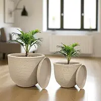 Kit 02 Vasos para Plantas Flor Casa Jardim Sala Bojo Escovado N1 e N2 com prato coletor (Bege)