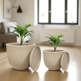 Kit 02 Vasos para Plantas Flor Casa Jardim Sala Bojo Escovado N1 e N2 com prato coletor (Bege)