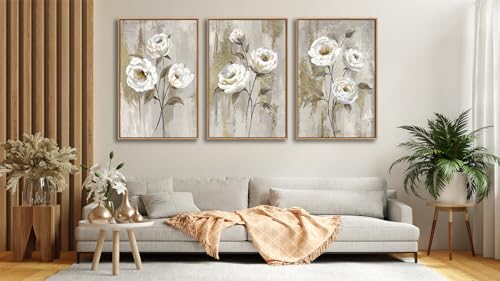 yearainn Floral Framed Wall Art - Beige White Rose Flower Canvas Pictures Wall Decor Rustic Blossom Painting Artwork Vintage Botanical Prints Living Room Home Decor Natural Wood Frame 70 x 50cm * 3 by yearainn - Image 3